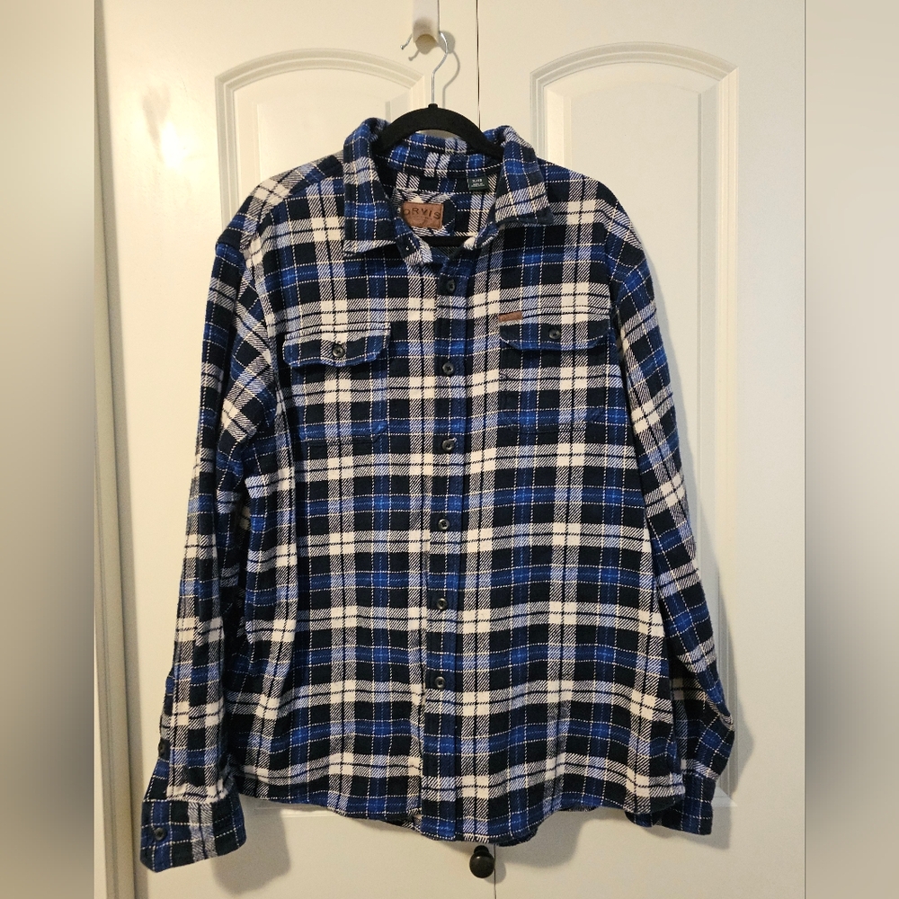 ORVIS Men's Shacket Jacket Blue and White Plaid Flannel Sz XL